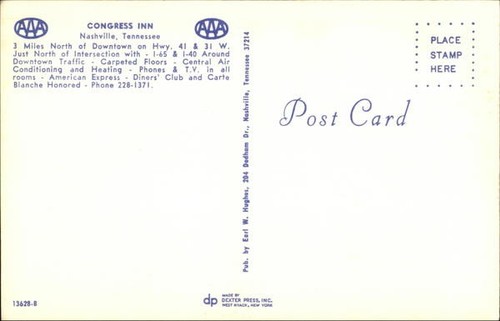 Nashville,TN Congress Inn Davidson County Tennessee Earl W. Hughes Postcard - Picture 2 of 2