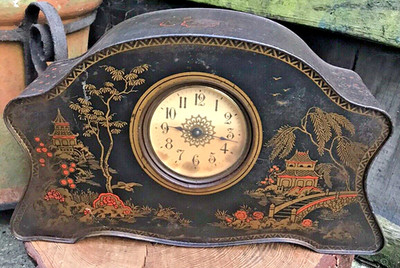 Kaminuhr Vintage 1920/30er Jahre Neuheit Keksdose chinesisches Cloisonné orientalisch