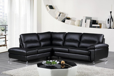 Stylish Black Boston Leather Sectional Sofa with Left Chaise Lounge