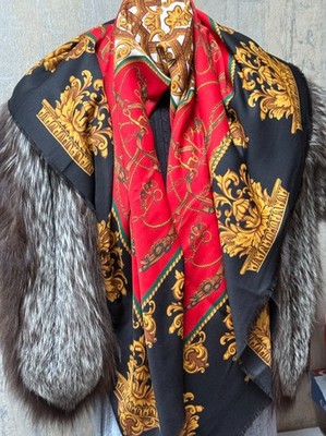 Art of the Scarf Tie Rack Baroque Red Black Gold Italian Print Scarf 45''x45''