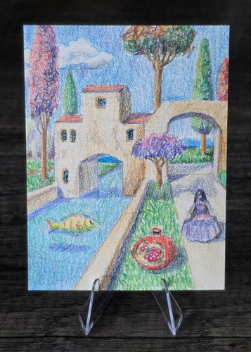 The Village of the Hidden Waters Original Fantasy Art 3x4 ACEO Colored Pencils