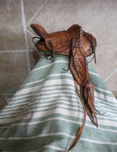 Vintage miniture western saddle saleman sample? small horse toy doll leather