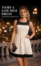 ELLE Black White Preppy A Line Mini Crochet Lace Trim Sleeveless Dress Sz 12