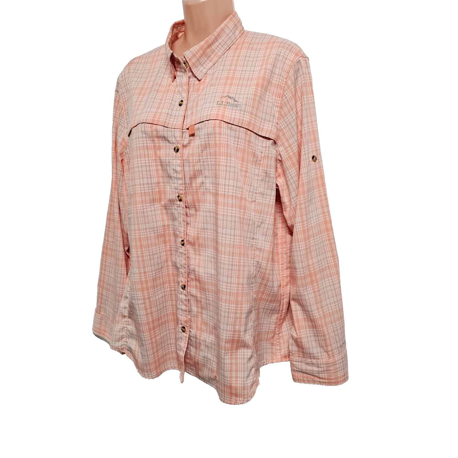 L.L.Bean Women Size LR Top Blouse Shirt Salmon Plaid Hiking Outdoor Vented UPF50