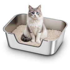 Stainless Steel Cat Litter Box with Low Entry, Metal Kitty Litter Box for Sen...