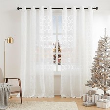 White Lace Sheer Curtains for Living 55W x 63L Pack of 2 , White/Geometric