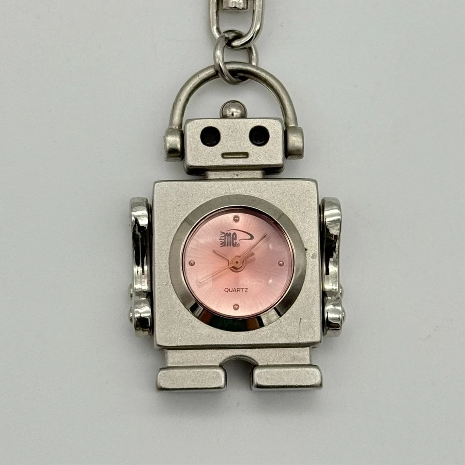 Silver Tone WHY ME Robot Moving Arms Quartz Keychain Watch, Pink Dial, Works - Image 2 of 4
