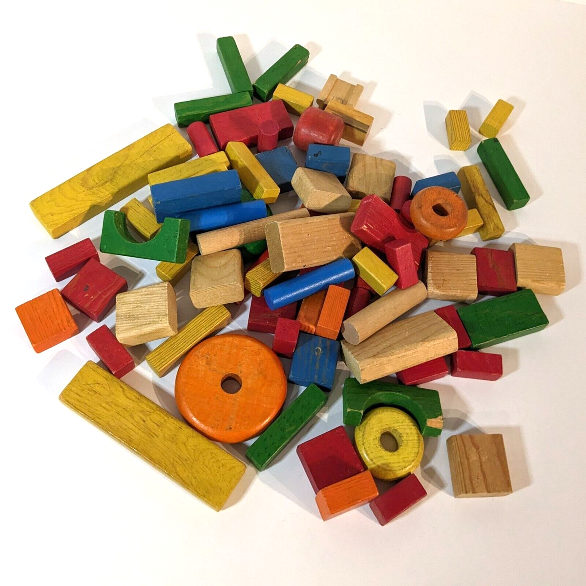 Vintage Building Blocks Colorful Wooden Mixed Shapes, 78 Pieces