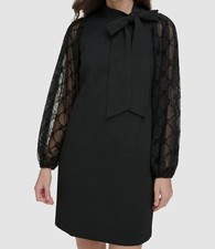 Vince Camuto Women's Black Mesh-Sleeve Bow Neck Shift Dress Size 12