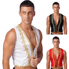 US Mens Victorian Vest Gothic Medieval Embroidery Waistcoat Halloween Theme Rave