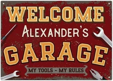 Sigo Signs Custom Welcome Garage Sign, Personalized Rustic Red Vintage, For Him,