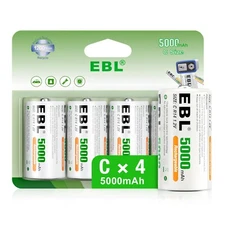 EBL 4Pcs Rechargeable C Batteries 5000mAh Ni-MH High Capacity C Cell Battery