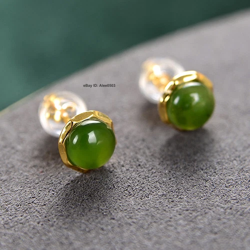 Solid 925 Sterling Silver With Natural Green Jade Stud Women Earrings 8mm W - Picture 2 of 5