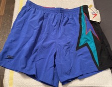 NWT VTG 90s SPEEDO Elastic Drawstring Swimwear swim trunks XL Blue Black Teal