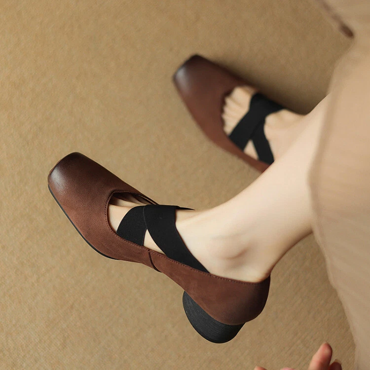 Zapatos de ballet para mujer de cuero real de piel de oveja punta cuadrada correa cruzada tacón medio bloque Foto 4 de 4
