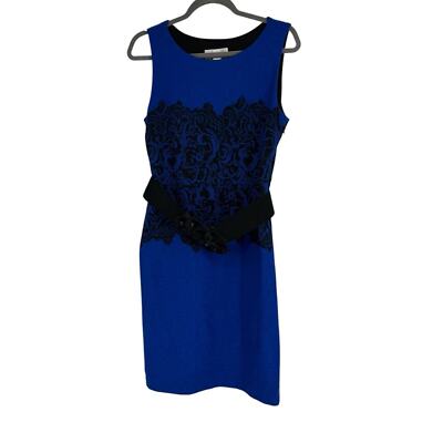 Joseph Ribkoff Size 10 Blue/Black Jacquard Dress w Wide Stretch Floral Belt