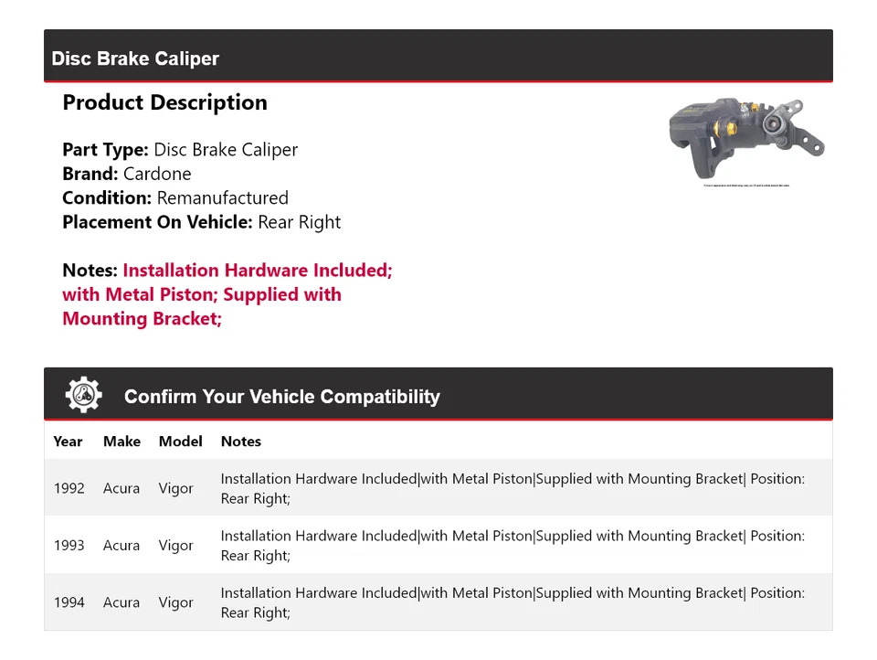 Pinza de freno de disco trasera derecha Cardone 1993 para Acura Vigor 1992-1994 Foto 2 de 4