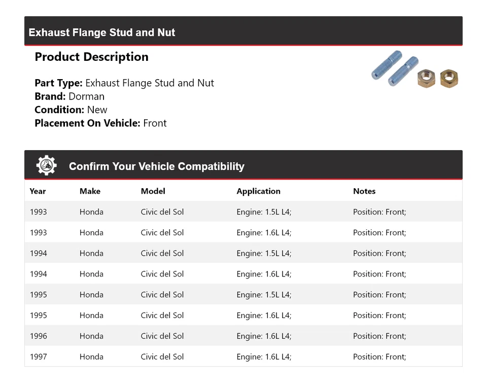 Para Honda Civic del Sol Dorman 1993-1997 Brida de escape Perno y tuerca delantera 1994 Foto 2 de 3