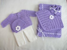 Crochet Baby Set - Blanket Sweater Poncho Pants Hat Booties 0-3m Handmade Gift