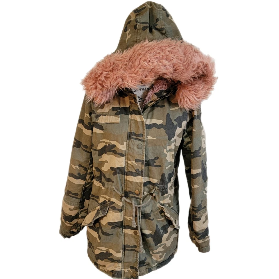 Jaqueta camuflada feminina Ci Sono tamanho S Sherpa acolchoada forrada com capuz rosa pele sintética - Imagem 2 de 4