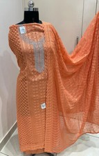 Orange Color Pure Chickenkari Jaipuri Print Unstitched Kurta Pant  Dupatta Set