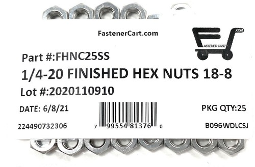 (25) 1/4-20 Finished Hex Nuts Stainless Steel (25 Pieces) - Picture 3 of 4