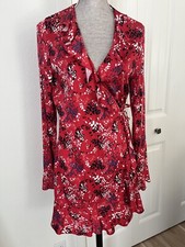 🦩 Urban outfitters Super Cute Red floral Wrap dress Bell Sleeves Boho