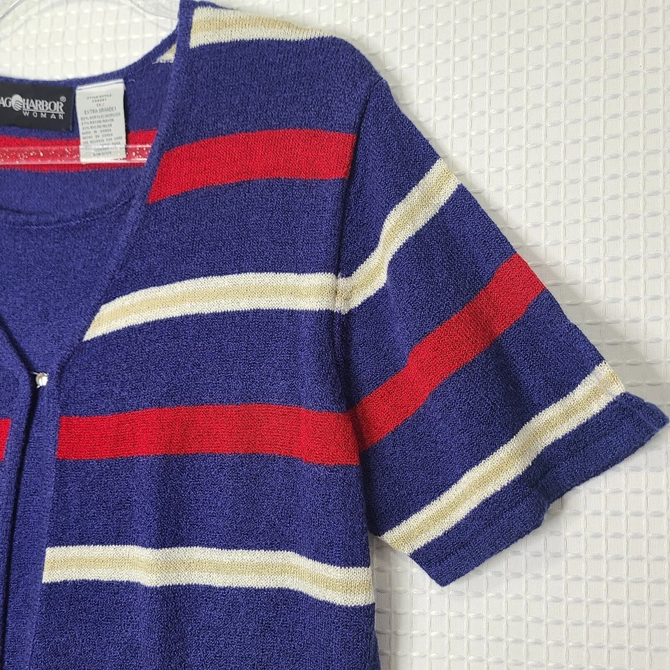 复古 Sag Harbor 女士 1X Plus 红色/白色/蓝色毛圈布开衫 带卡米 — 第 2/4 张图片