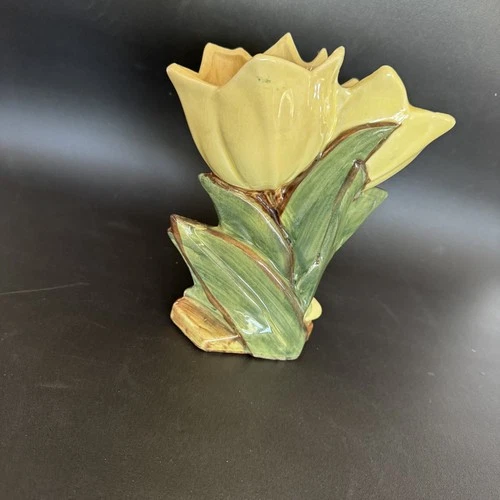 Vintage 1950's McCoy Double Tulip Flower Vase Yellow and Green