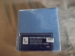 Cotton Thermal Blanket Queen Size NEW by Linteum Light Blue Open Weave
