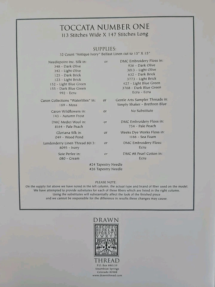 The Drawn Thread TOCCATA NUMBER ONE Counted Cross & Specialty Stitch Pattern - Image 4 of 4