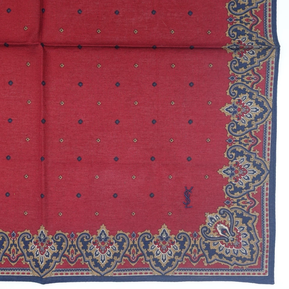 HK75- YSL Yves Saint Laurent Rojo Oscuro Pañuelo Paisley Logo Algodón 18"x18" Foto 4 de 4