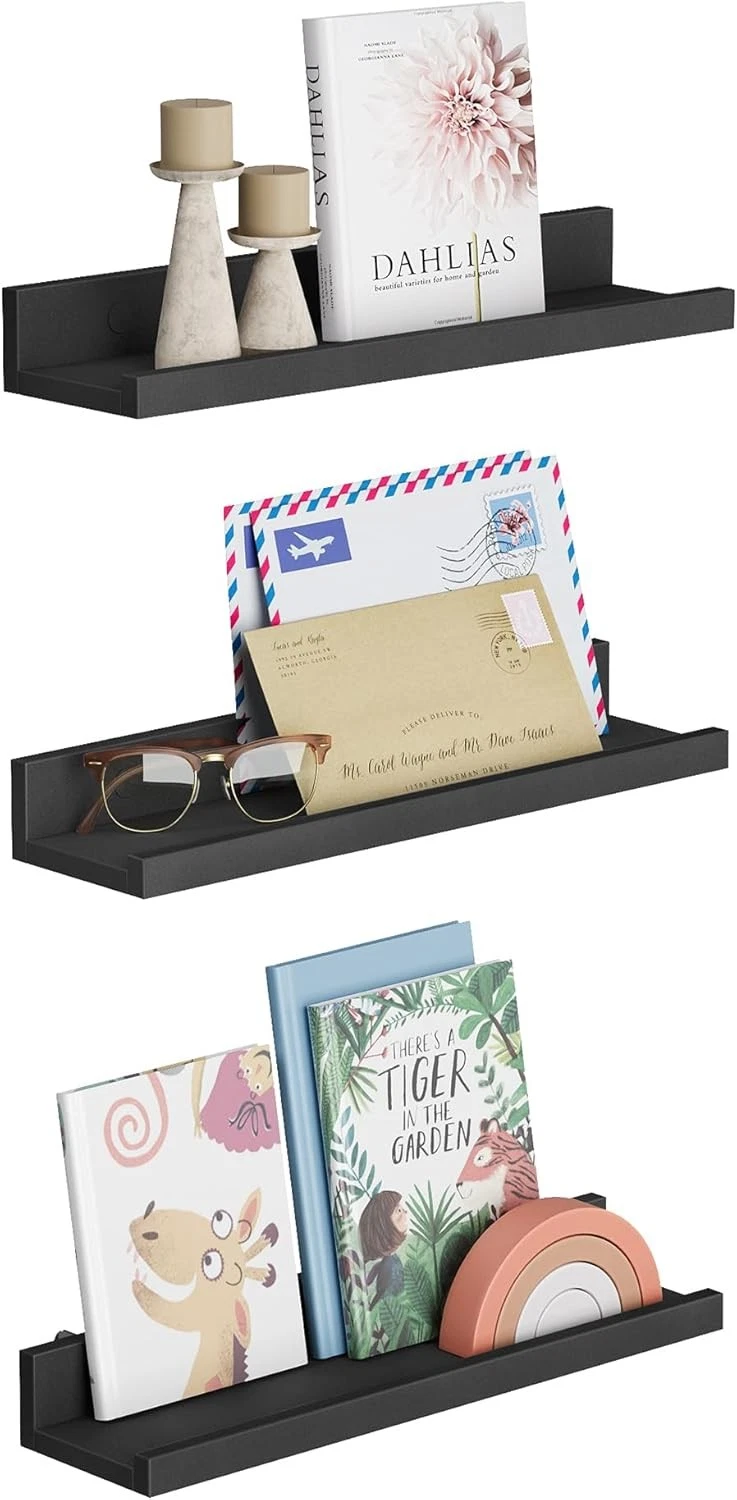 Floating Shelves Set of 3 Wall Shelves 15-Inch Wide Photo Frames & Trinkets
