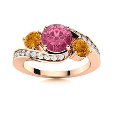 5MM Round Pink Topaz  Citrine 925 Sterling Silver Rose Plated Three Stone Ring