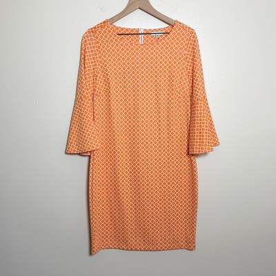 Tyler Boe Orange White Geometric Lattice Bell Sleeve Shift Dress Large 60s Retro