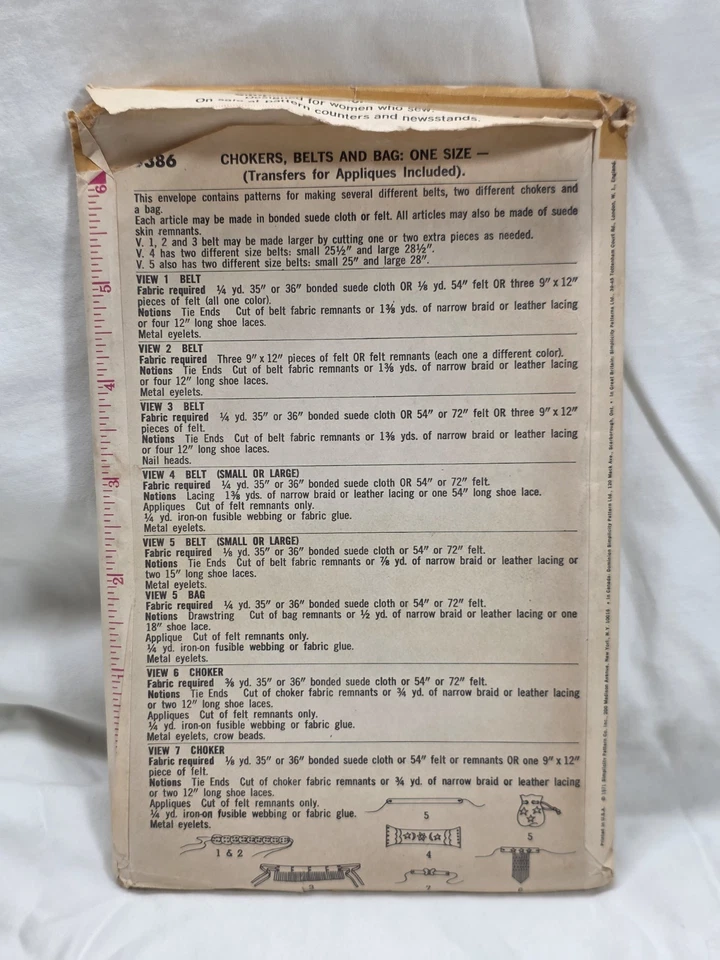 Simplicity Cut Pattern #9386 Vintage Choker Belt Bag 1971 - Image 2 of 3