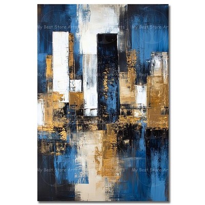 Blue Gold Skyline Reflection Art Print, Geometric Shapes Poster, Studio Decor