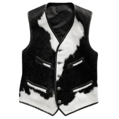 Handmade Cowboy Vest for Men Western Cowhide Leather Waistcoat with Pony Skin