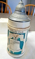 Liberty Bell Independence hall stoneware beer  stein w lid antique Germany .05l