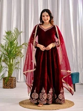 Ethnic Wear Maroon Viscose Velvet Anarkali Suit With Net Dupatta For Women