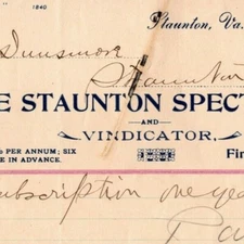 1902 Scarce Staunton Spectator and Vindicator Newspaper Billhead Letterhead VA