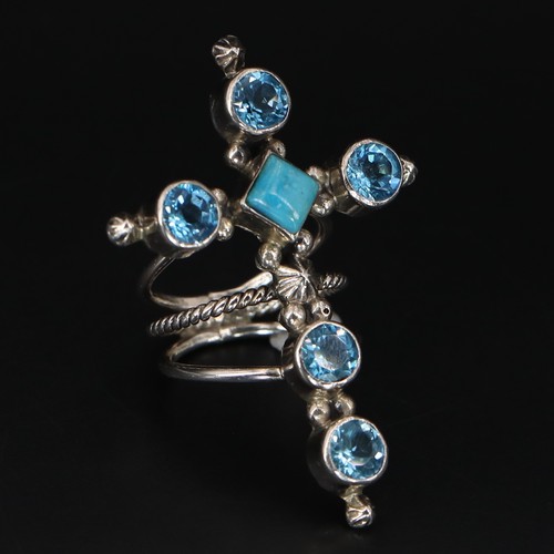 Sterling Silver - NAVAJO RUNNING BEAR Turquoise & Topaz Cross Ring Size 7 - 11g