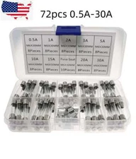 72Pcs AGC Auto Glass Fuse 0.5A to 30A ( 6mm X 30mm) Kit (9)Assorted Sizes +10PCS