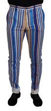 DOLCE & GABBANA Pants Blue Striped Silk Cotton Slim Trousers IT52 / W38 $1400