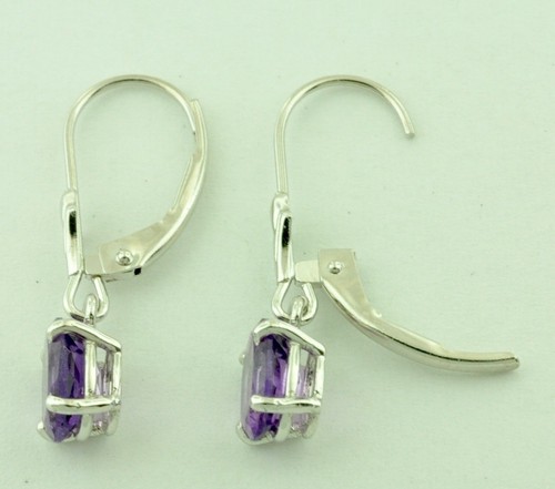 14k Solid White Gold Dangling Oval Amethyst Earring lever back February Birthsto - Picture 5 of 5