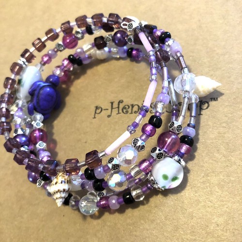 Bracelet Sea Turtle W Shells Purple Cuff Wrap Memory Wire Handmade USA 796 - Picture 5 of 5