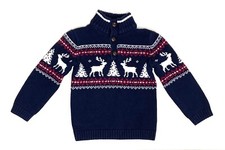 SKYR 1/4 BUTTON YOUTH SWEATER, NAVY BLUE, WHITE DEER  TREES, RED TRIM, SIZE 4-5