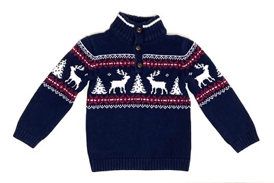 SKYR 1/4 BUTTON YOUTH SWEATER, NAVY BLUE, WHITE DEER & TREES, RED TRIM, SIZE 4-5