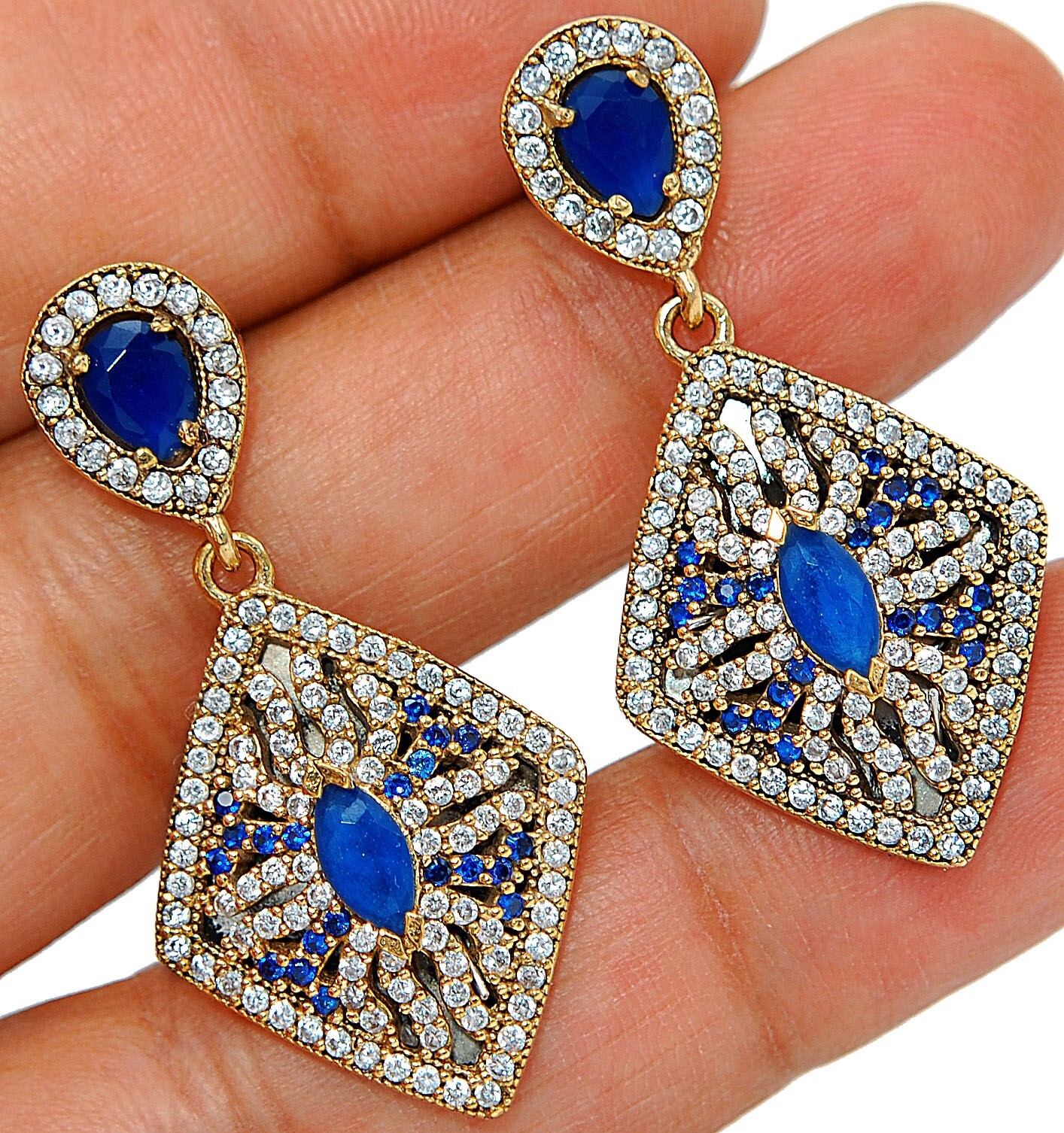 Ottoman Empire Style 8CT Treated Sapphire 925 Sterling Silver Earrings TE3645  