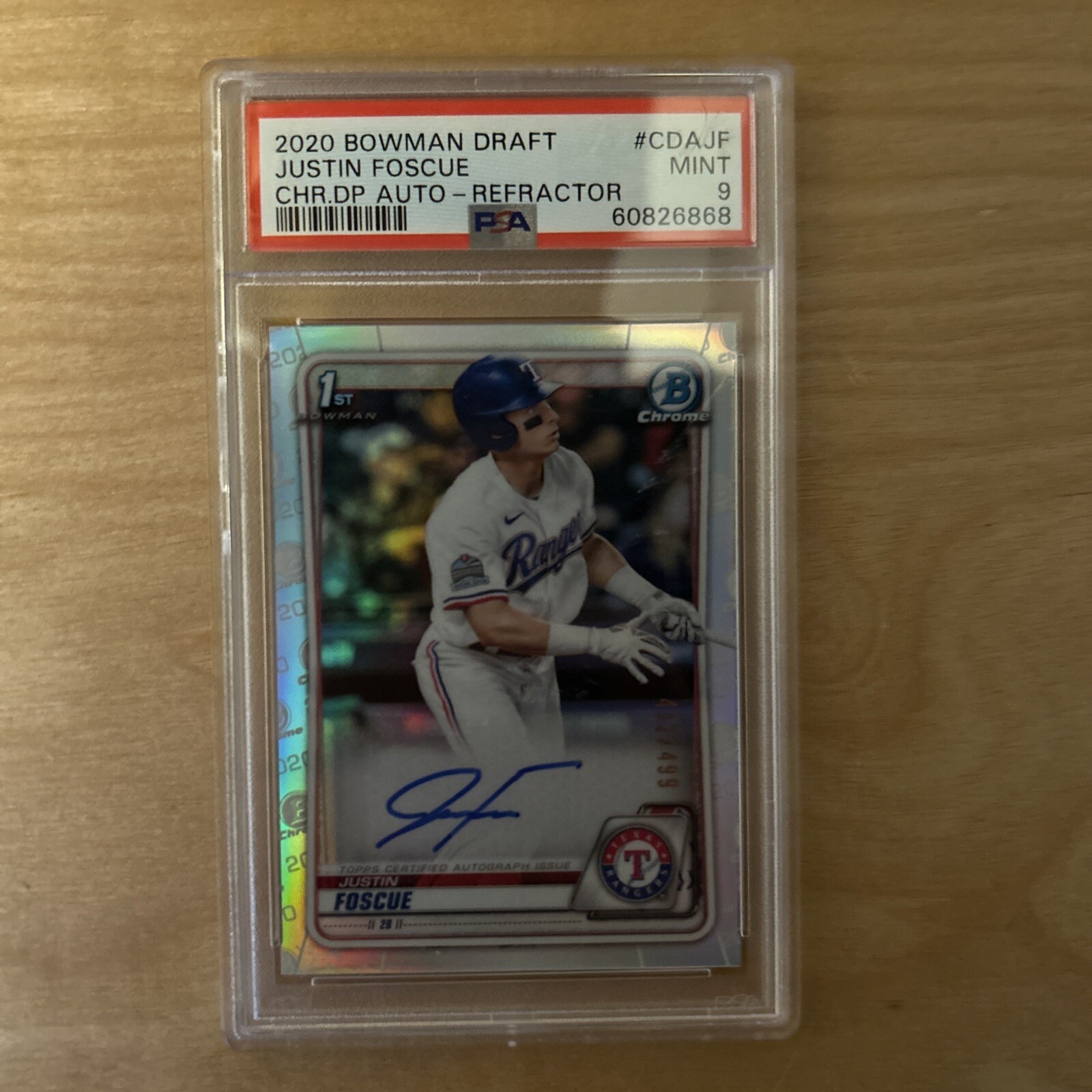 2020 Bowman Draft Chrome Justin Foscue Refractor 432 /499 PSA 9 Auto Rangers
